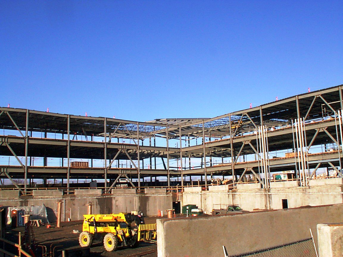 A view in construction area with metal frames